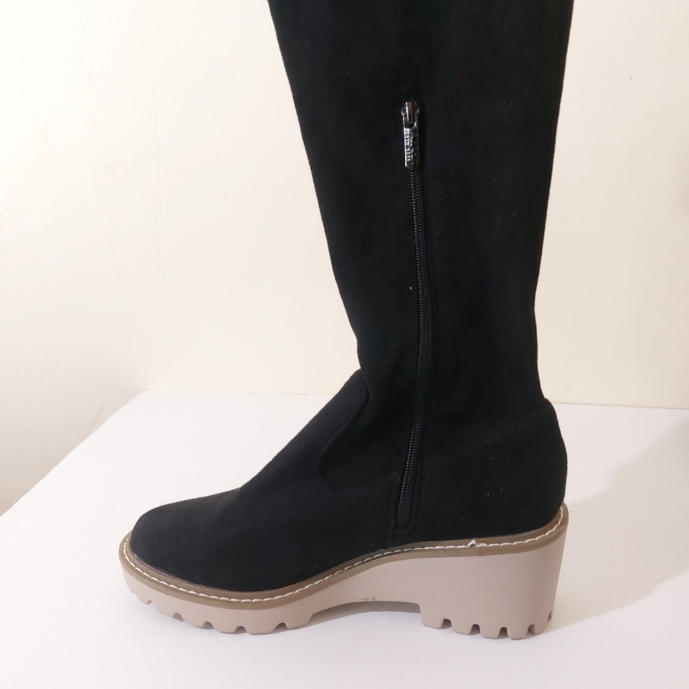 Nicole Miller Bass Black Vegan Leather Grunge Over The Knee Chunky Heeled Boot - Picture 9 of 13